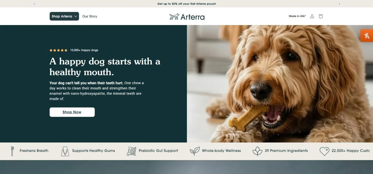Arterra Pet Shopify store homepage