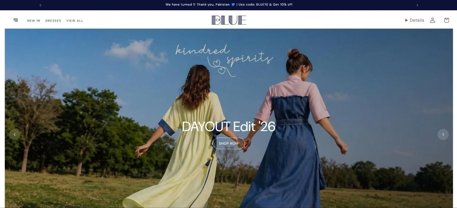 Blue Wear Shopify store homepage